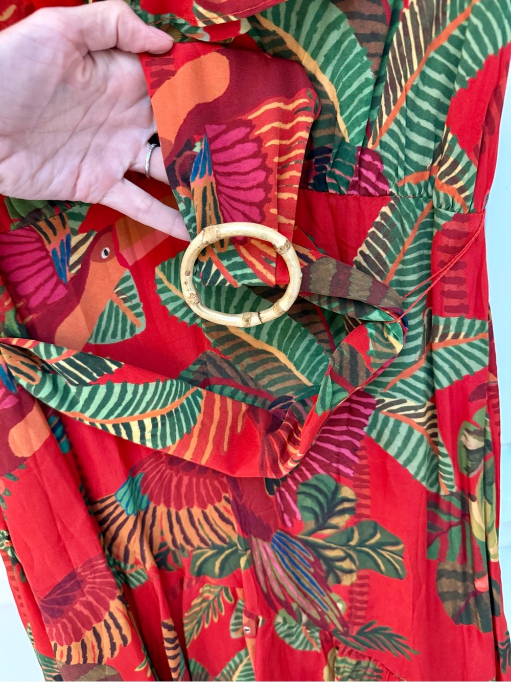 FARM Rio Red Tropical Ruffled Midi Dress with Belt - Picture 5 of 9